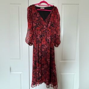 Mango Floral Red Maxi Dress Long Sleeve Sz M